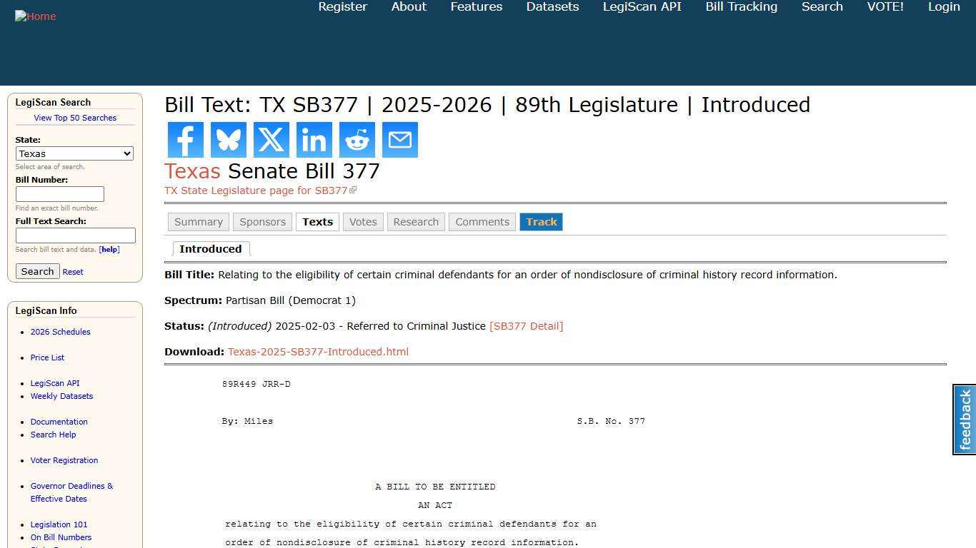 Bill Text: TX SB377 2025-2026 89th Legislature Introduced LegiScan